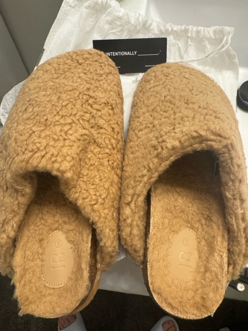 INTENTIONALLY BLANK Camel Faux Shearling Slippers